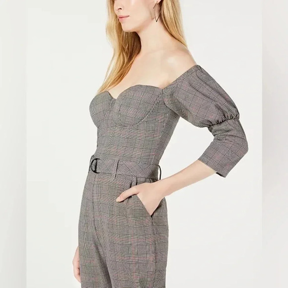 Guess Alexa Grey Pinstripe Plaid Bustier Off The Shoulder Jumpsuit Size 0 XXS XS - Picture 3 of 9